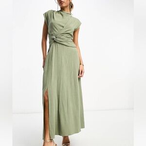 Khaki / olive green linen high neck twist front dress